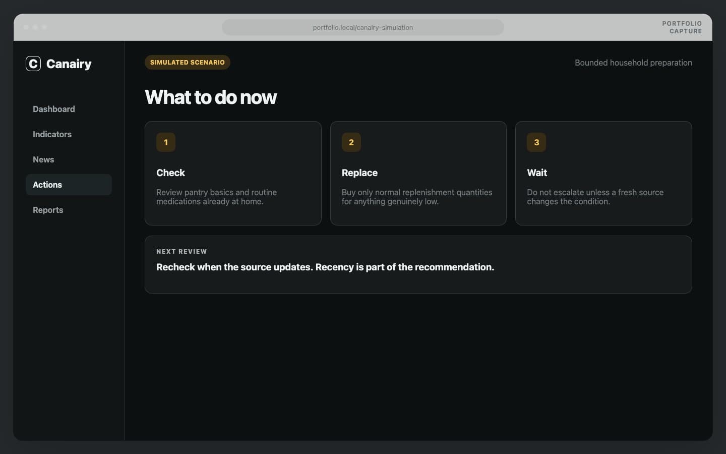 Canairy action view sequencing check, replace, and wait for a simulated condition.