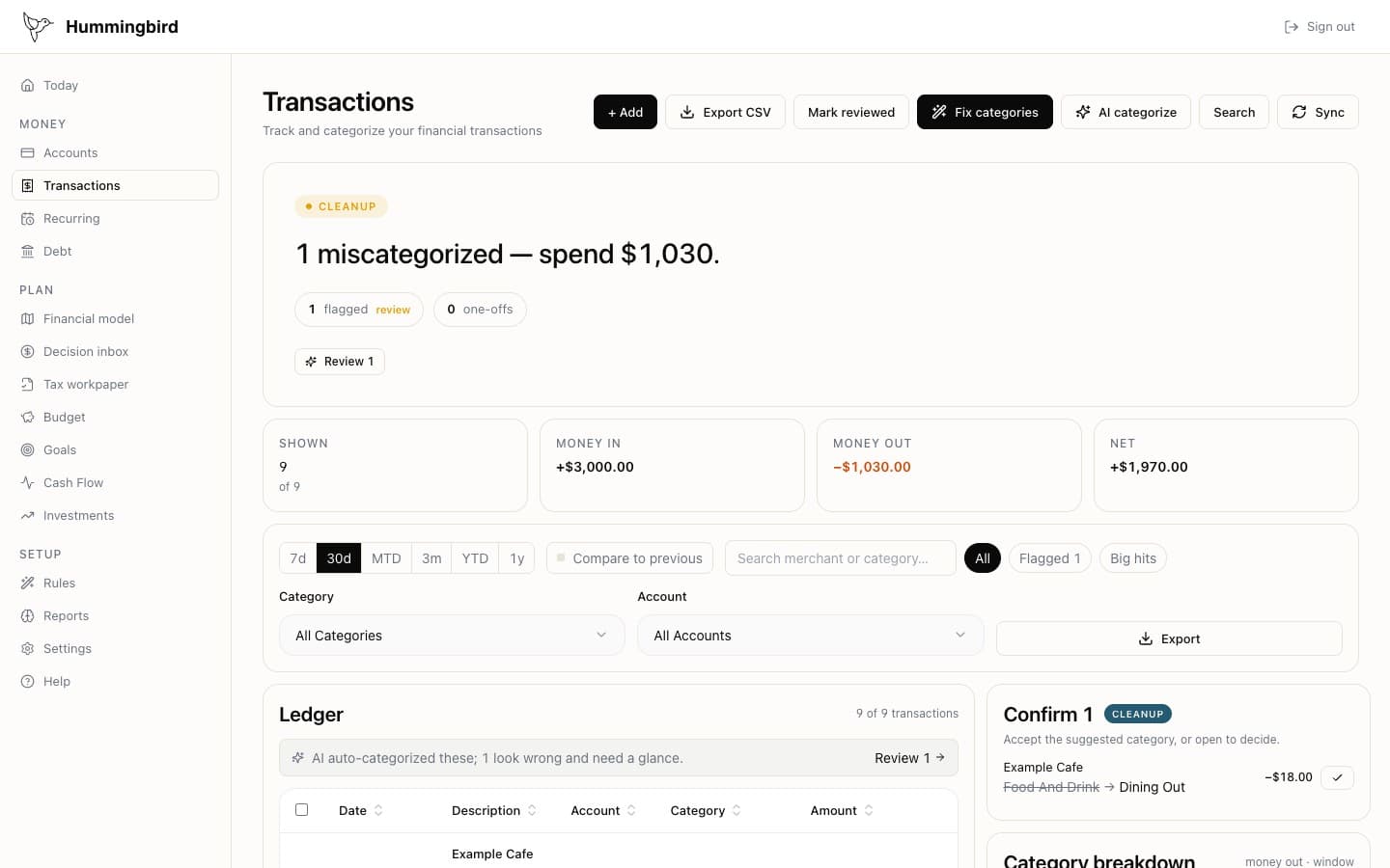 The current Hummingbird transaction ledger showing one synthetic record that still needs category review.