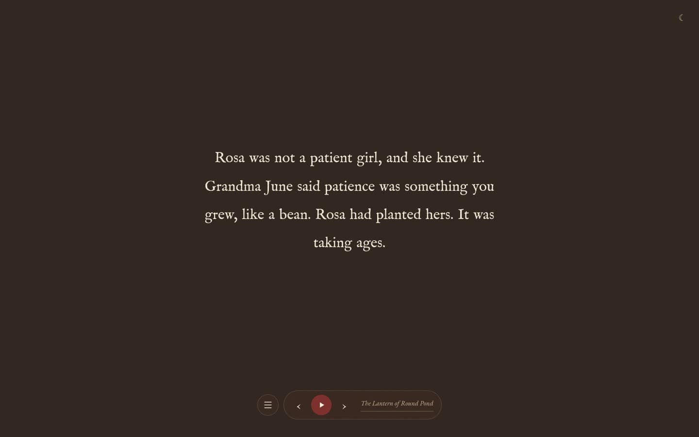 Little Fables bedtime reader showing the same story in a dark text-only mode.