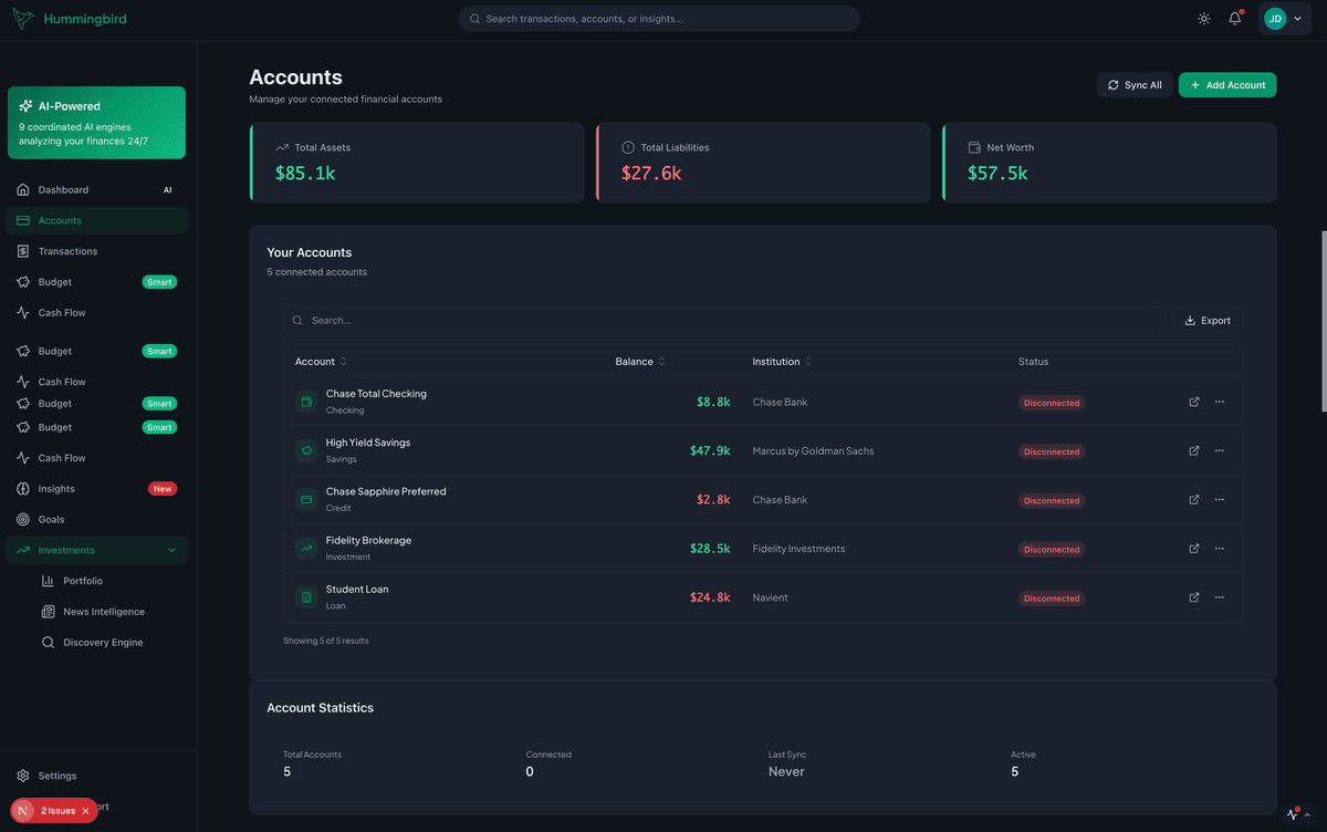 Hummingbird Dashboard - Accounts Overview