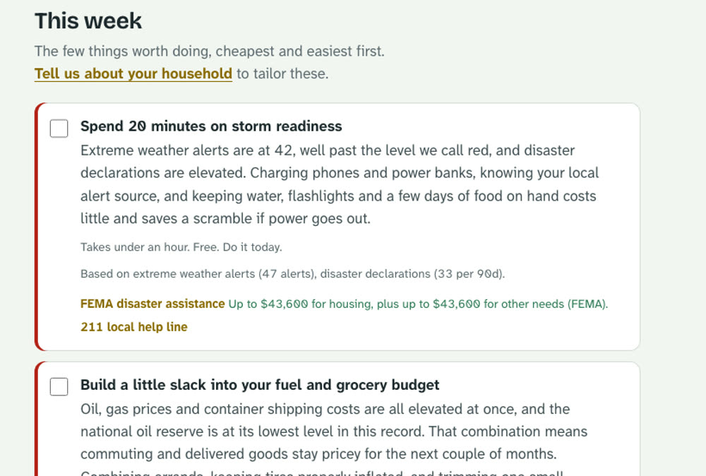 This week: spend 20 minutes on storm readiness, with the readings it is based on and where to get help.