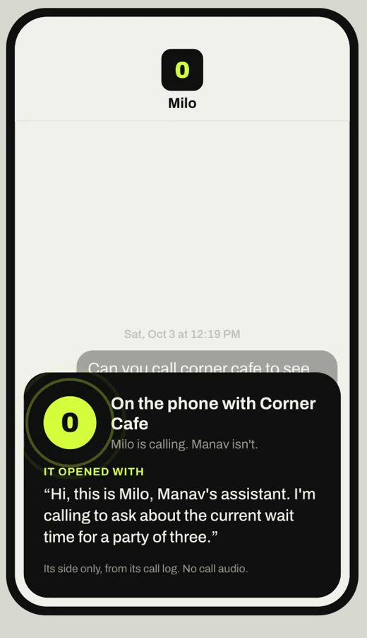 Call card: on the phone with Corner Cafe, and how the call opened.