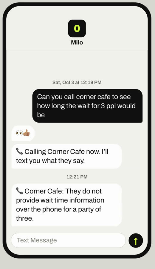 Text thread asking the assistant to call a cafe about the wait, and its reply.