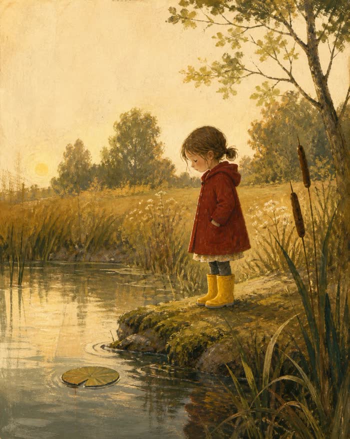 Illustration from the sample book: Ada by the pond at dusk.