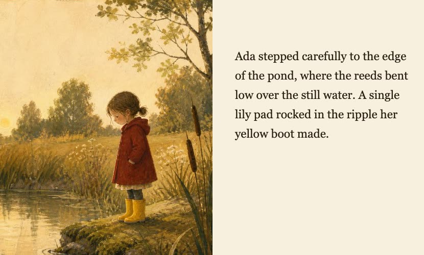 A page from the public sample book: Ada at the edge of the pond.